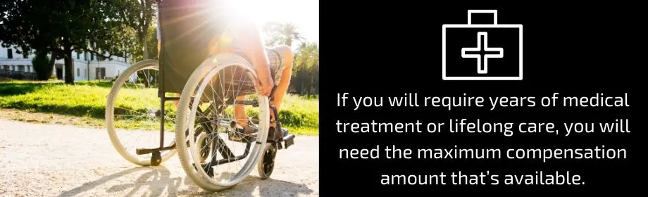 Side by side shot of a man in a wheelchair and the statement: If you will require years of medical treatment or lifelong care, you will need the maximum compensation amount that is available. 