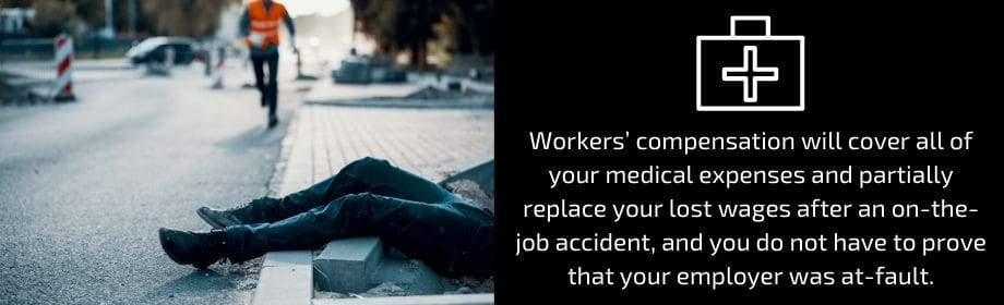Workers' compensation will cover all your medical expenses and partially replace your lost wages after an on-the-job accident., and you do not have ti prove that your employer was at fault. 