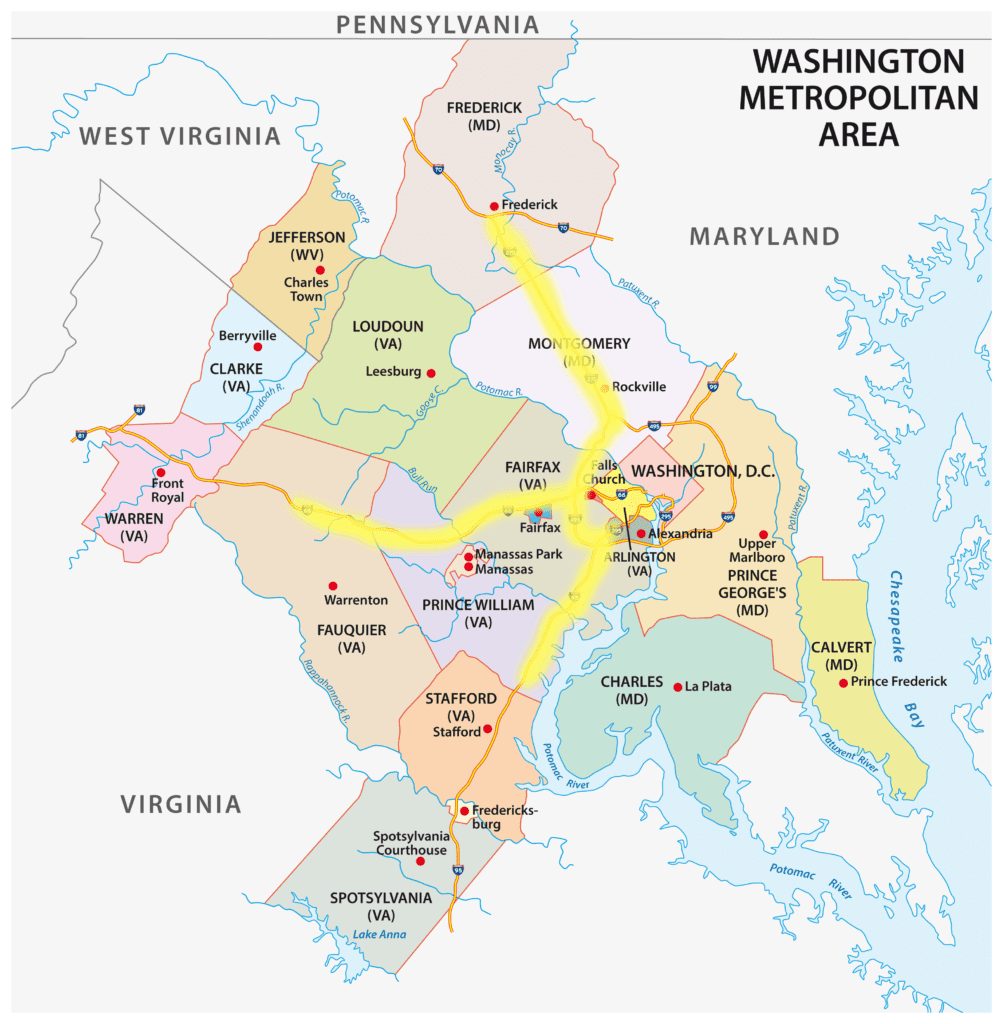 This map highlights HOV lanes in the DMV